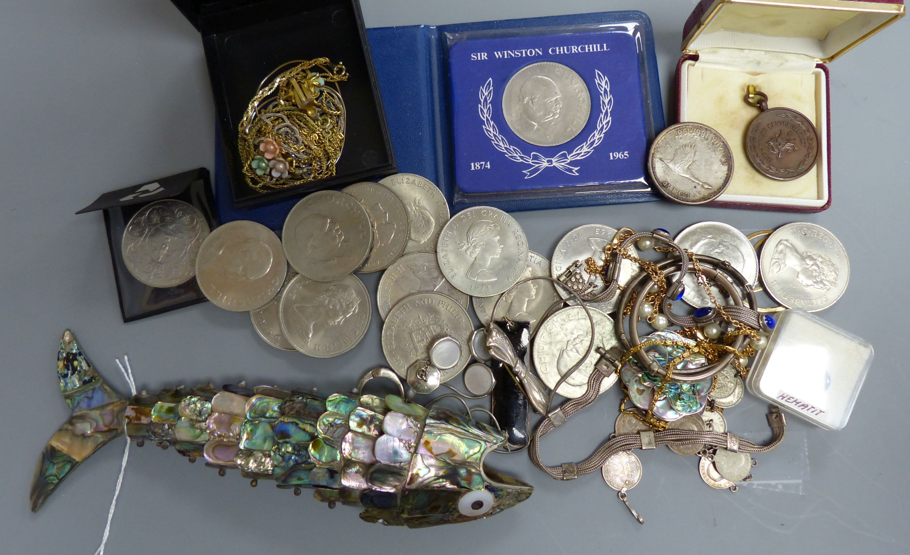 A quantity of mixed costume jewellery, an articulated fish, coins etc